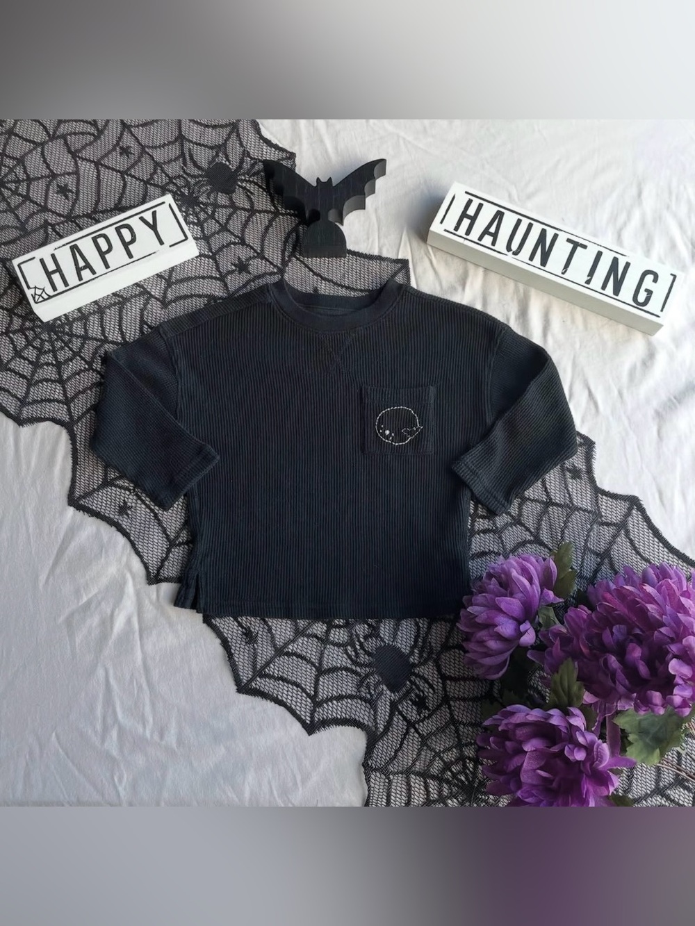 Hand Embroidered Moon & Bat Pocket Tee | Black Long Sleeve Shirt